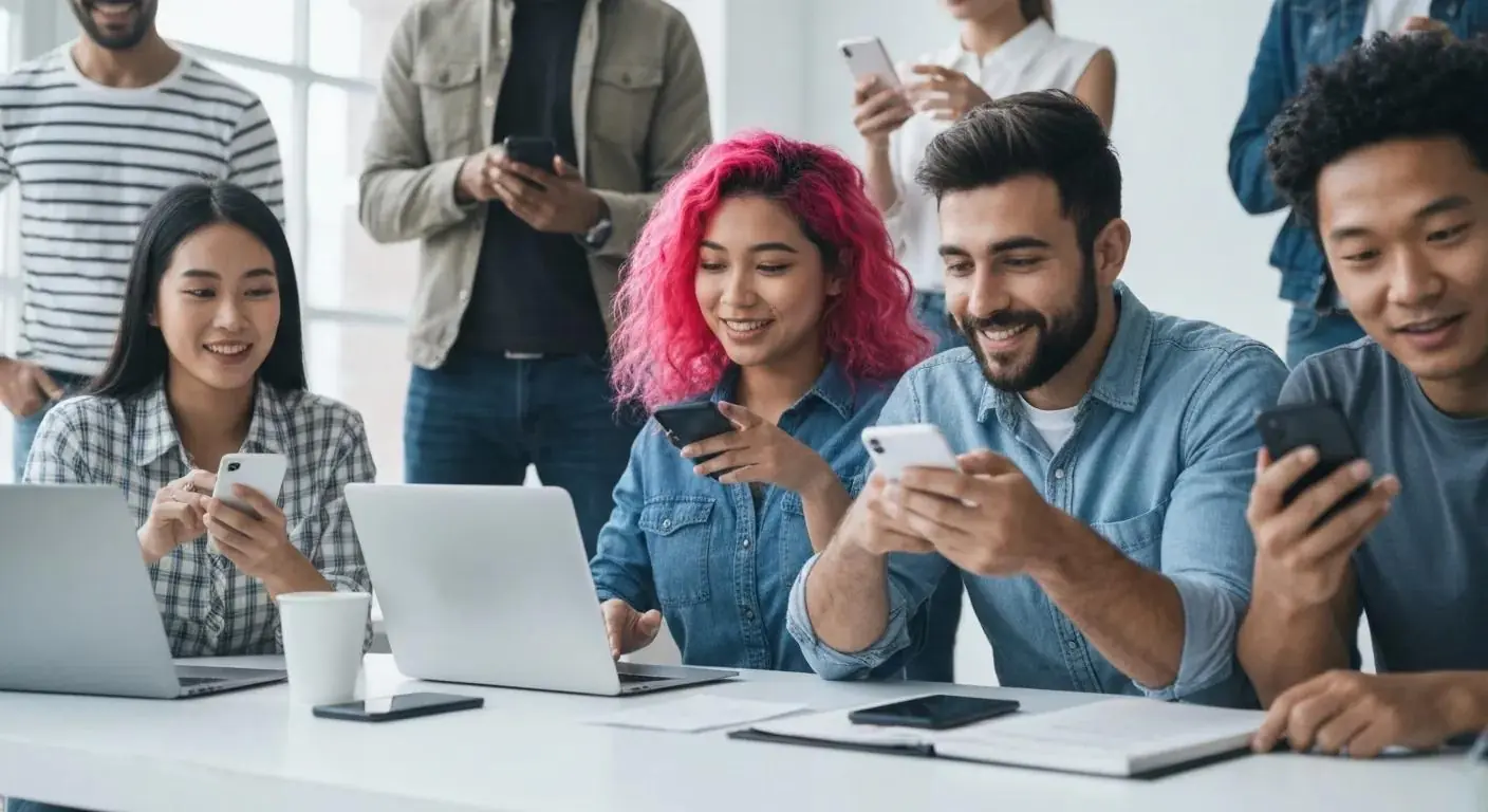 Diverse professionals engaging with social media, symbolizing measurable campaign success.