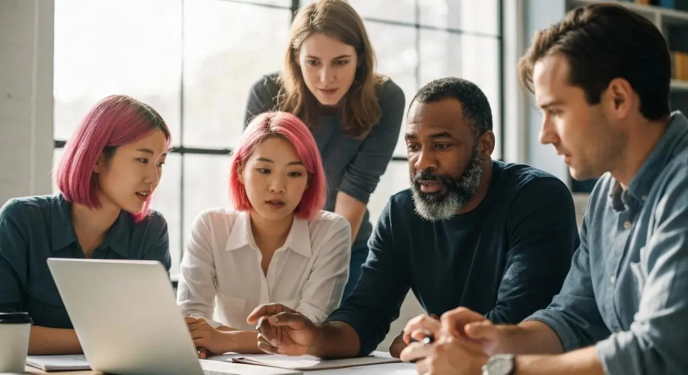 Diverse small business owners and nonprofit leaders gathered around a laptop in a bright workspace, reviewing an email marketing dashboard with a collaborative and strategic atmosphere.
