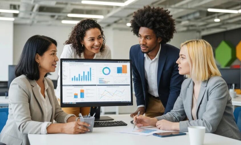 Diverse team collaborating on customer survey analysis in a modern office setting