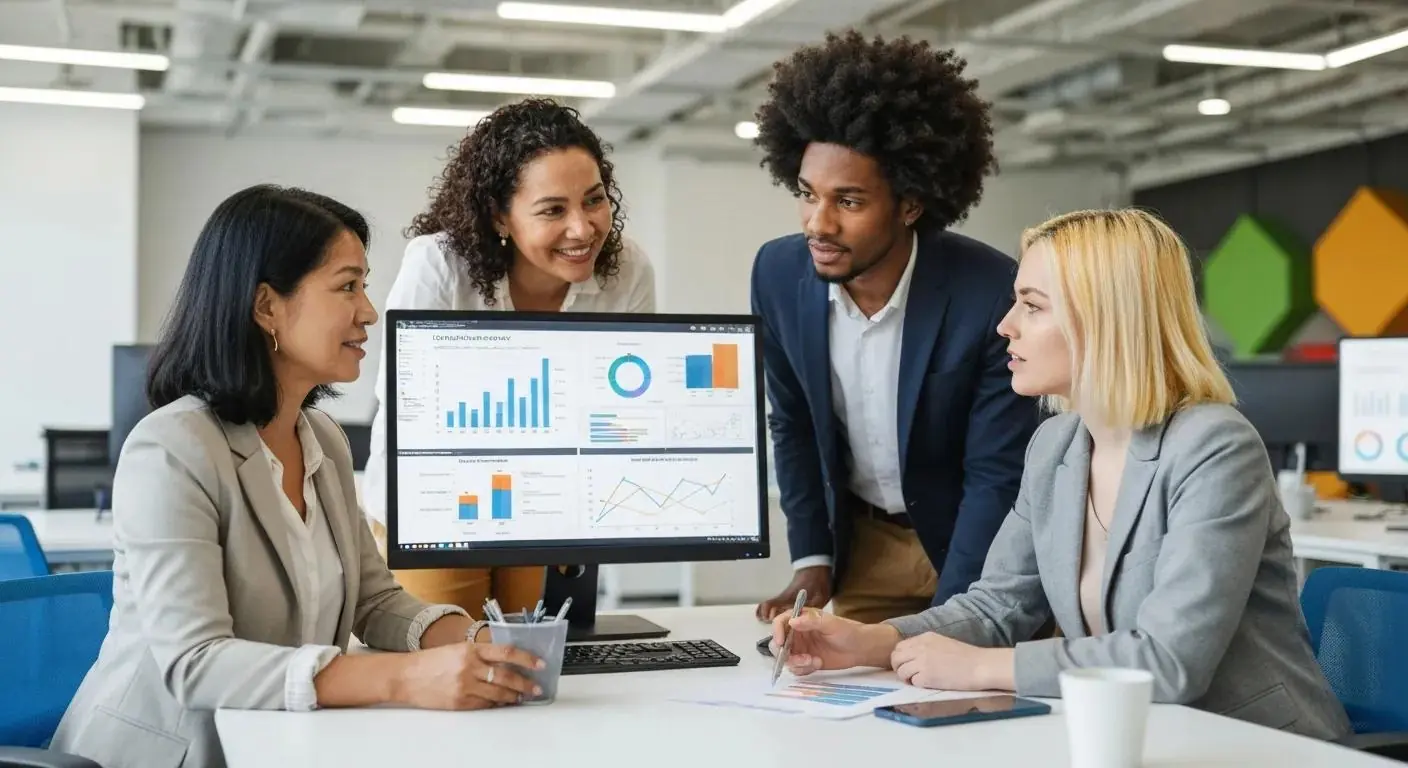 Diverse team collaborating on customer survey analysis in a modern office setting