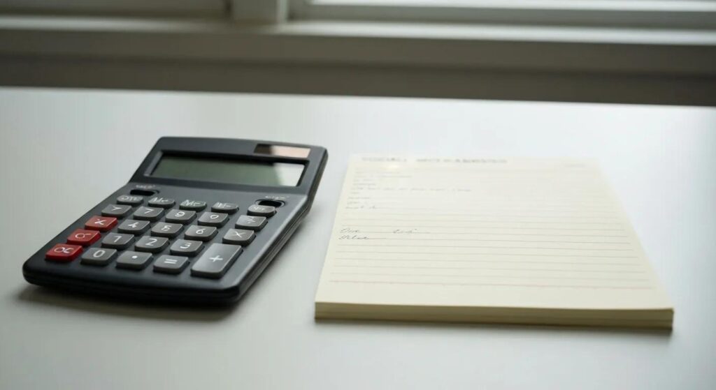 Calculator and notepad on a desk, symbolizing precise social media ROI calculation and financial analysis.