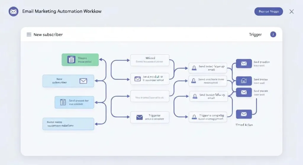 Digital interface displaying email marketing automation workflows with interconnected triggers and actions