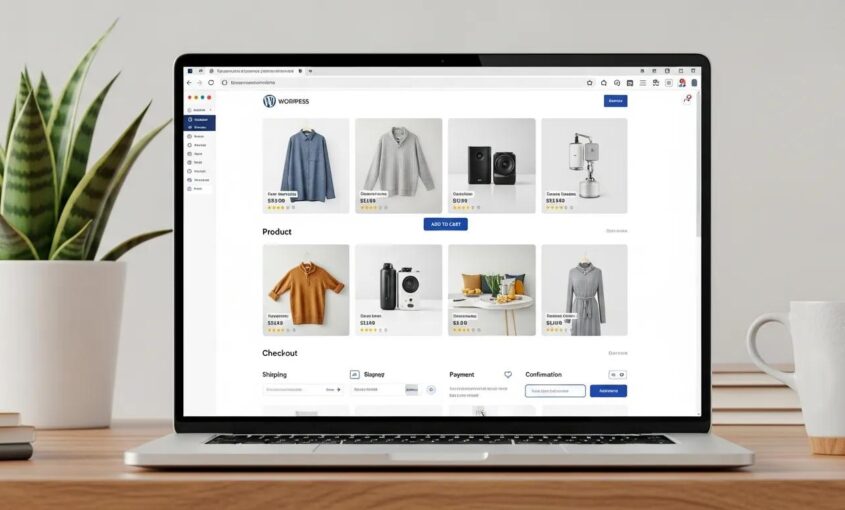Sleek WordPress e-commerce interface on a laptop, showcasing product displays and a smooth checkout flow