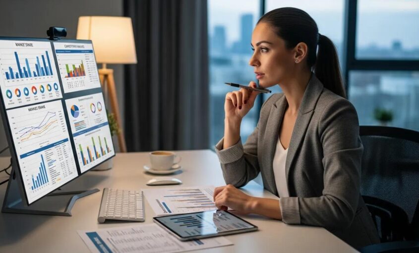 Entrepreneur reviewing competitive analysis data, strategizing for business growth