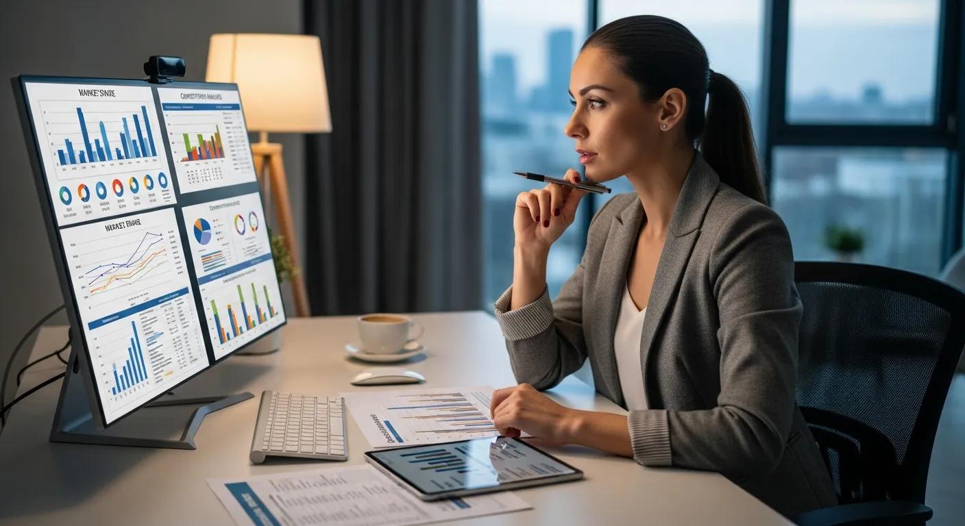 Entrepreneur reviewing competitive analysis data, strategizing for business growth