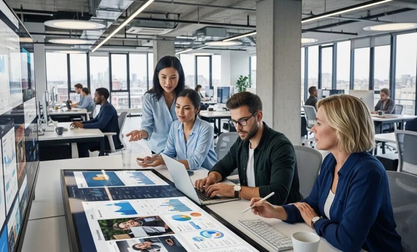 Professionals collaborating on digital marketing strategies in a modern office setting