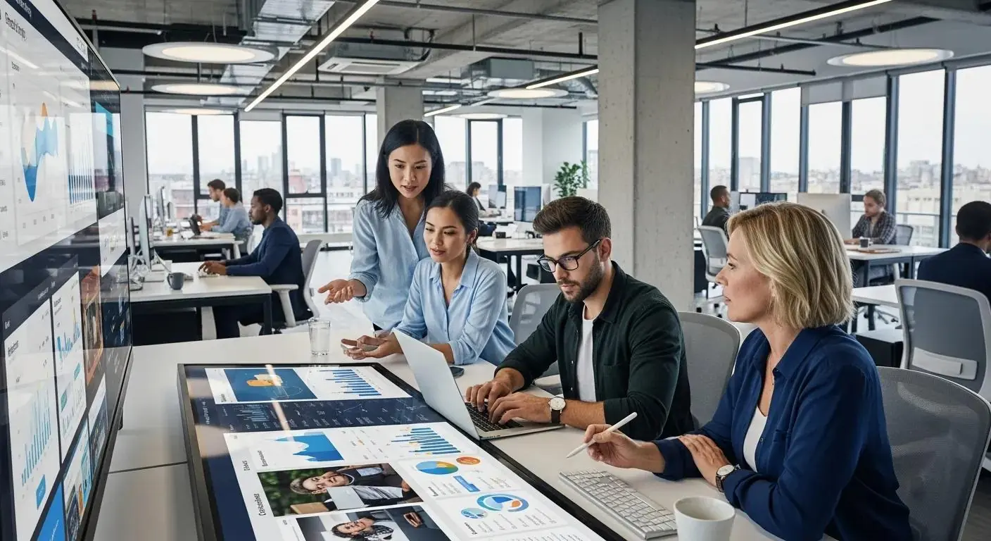 Professionals collaborating on digital marketing strategies in a modern office setting