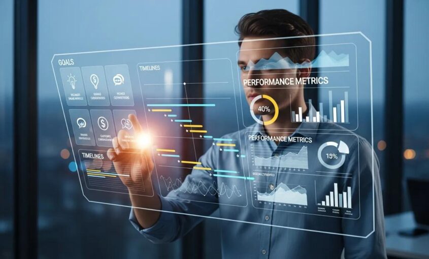 Illustration of a marketer reviewing a transparent digital strategy plan on a dashboard, with clear goals, timelines, and performance metrics visually mapped out.