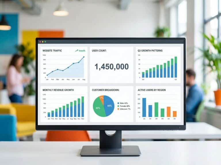 Data, measurement, and insight planning displayed through a multi-chart analytics dashboard in a modern workspace