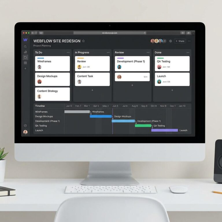 A digital project planning board with organized tasks and timelines for a website project