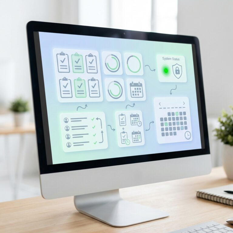 Ongoing security maintenance shown through recurring checklists and scheduled system tasks