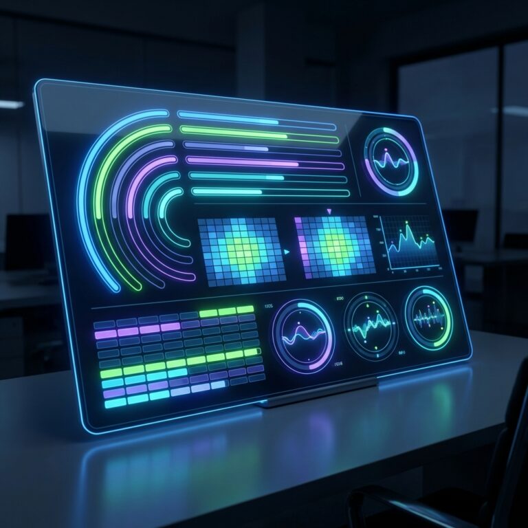 Digital performance auditing and ongoing optimization shown through abstract analytics dashboards