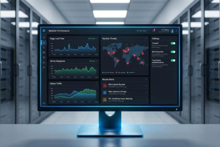 A website performance and security monitoring dashboard showing charts, alerts, and settings panels
