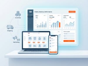 Illustration of a custom WooCommerce storefront dashboard showing product grids, checkout flow, and analytics panels for a scalable online store.
