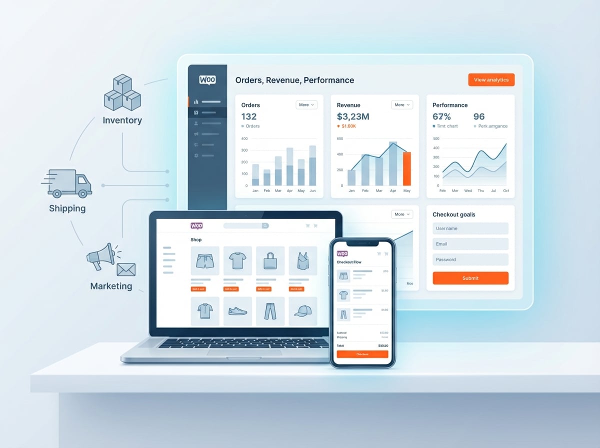 Illustration of a custom WooCommerce storefront dashboard showing product grids, checkout flow, and analytics panels for a scalable online store.