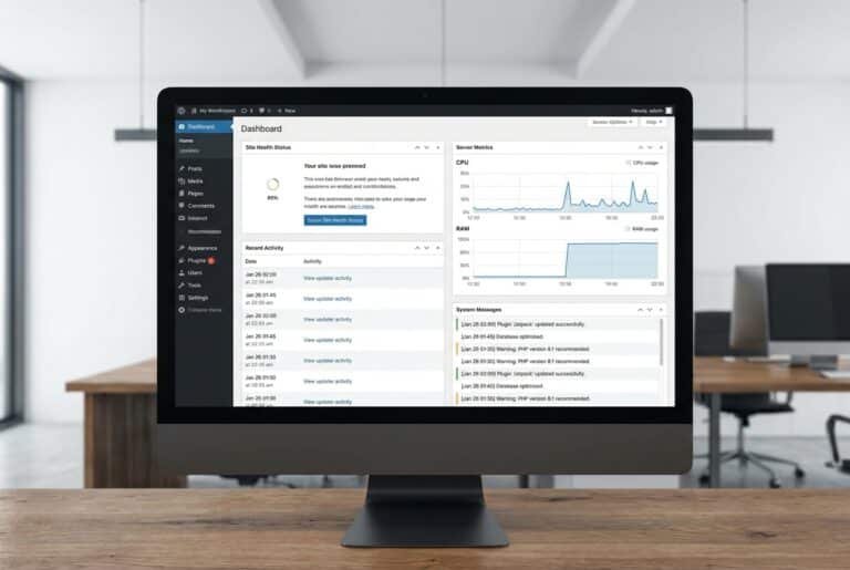 A clean WordPress admin interface displayed on a screen with diagnostic panels and system messages visible