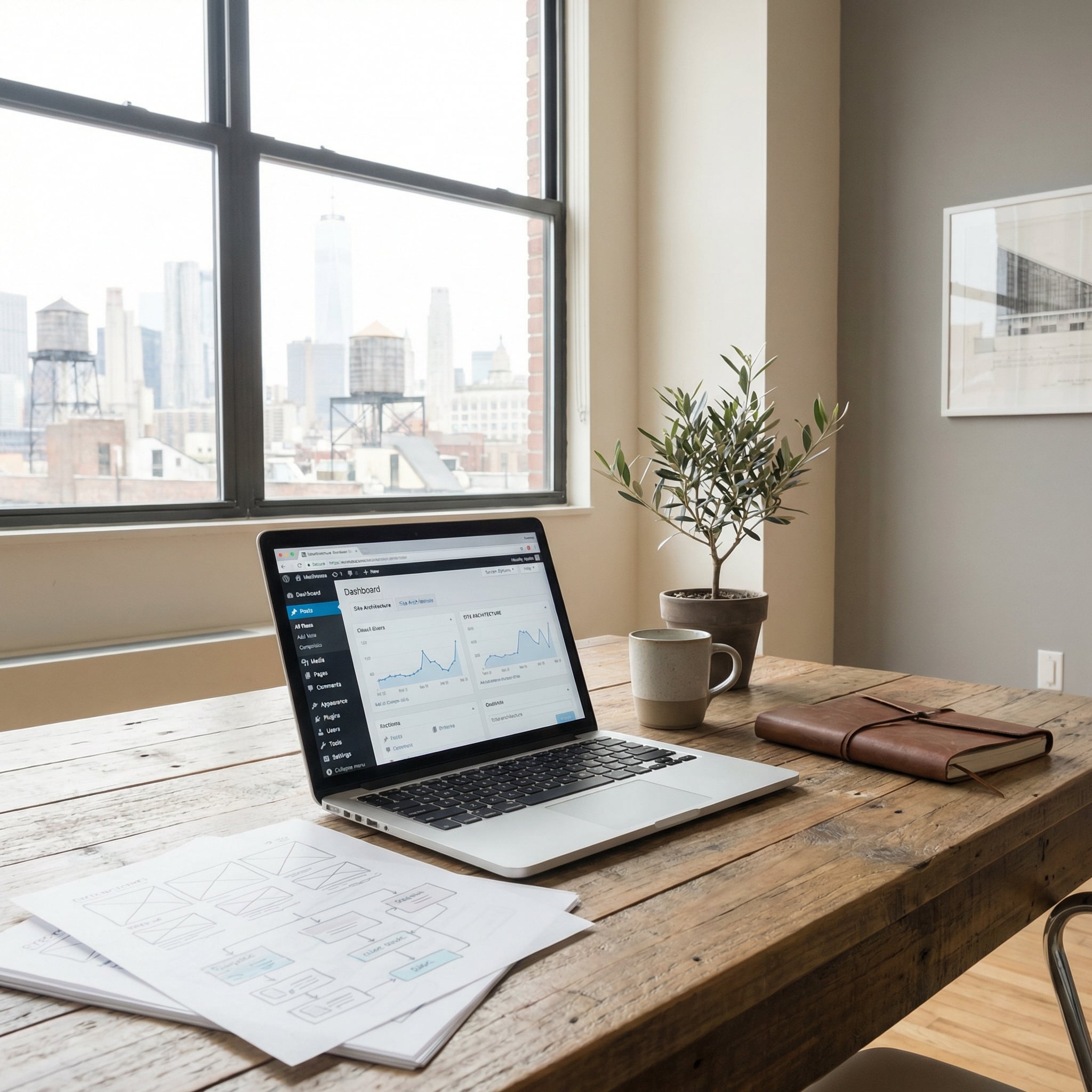 Modern New York digital studio workspace showing a WordPress platform and system planning visuals, representing long-term website strategy, stability, and ongoing platform support.