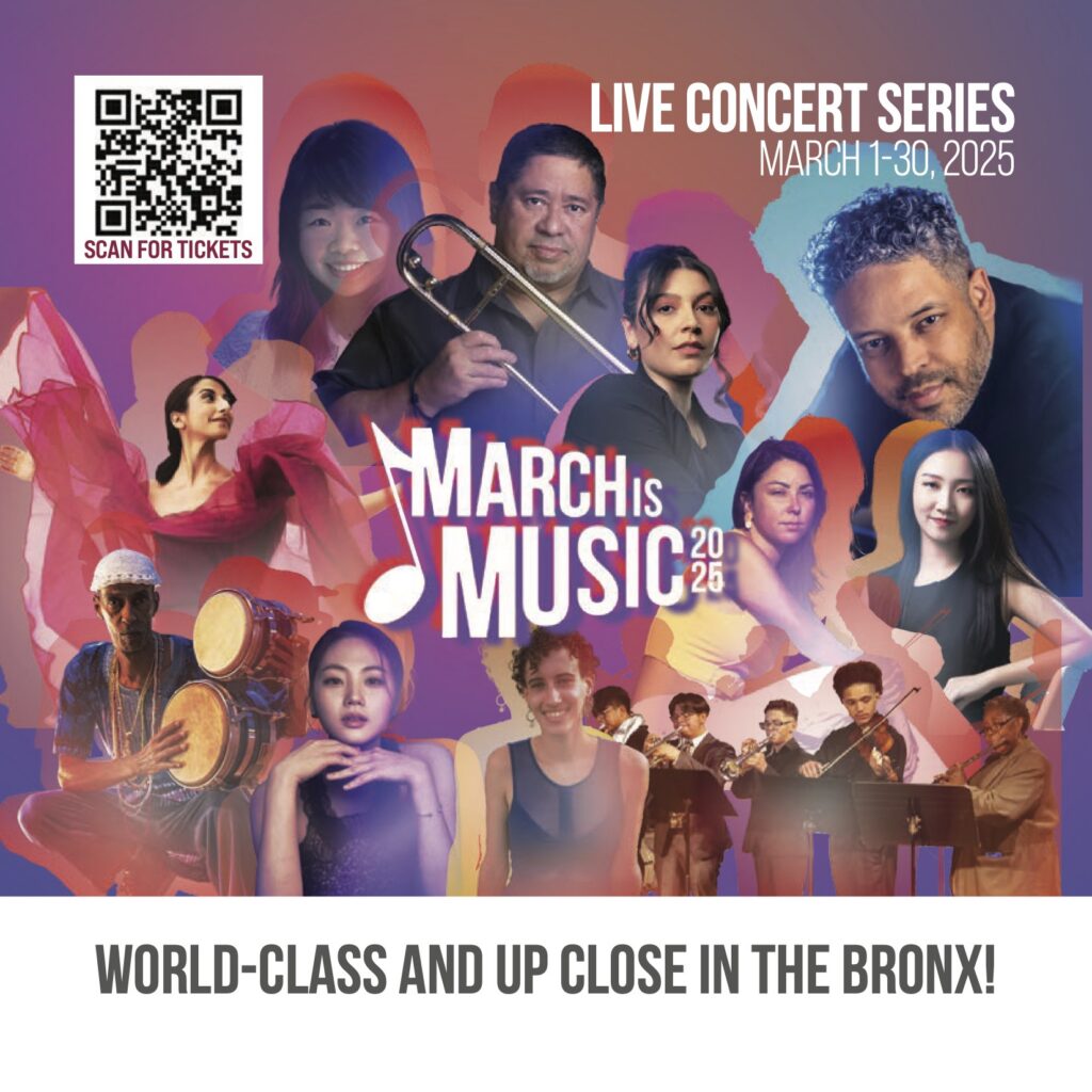 March Is Music 2025 5×5 promotional postcard front featuring performers from the Pregones/PRTT live concert series.