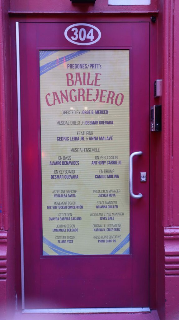 Baile Cangrejero environmental graphics installed across the entrance doors at Pregones/PRTT