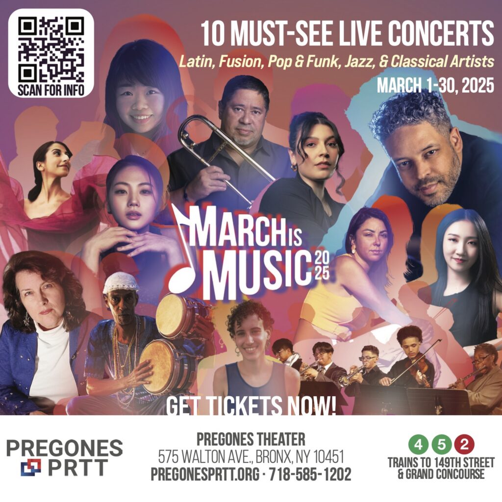 March Is Music 2025 quarter-page Harlem Community News ad promoting the live concert series at Pregones Theater.