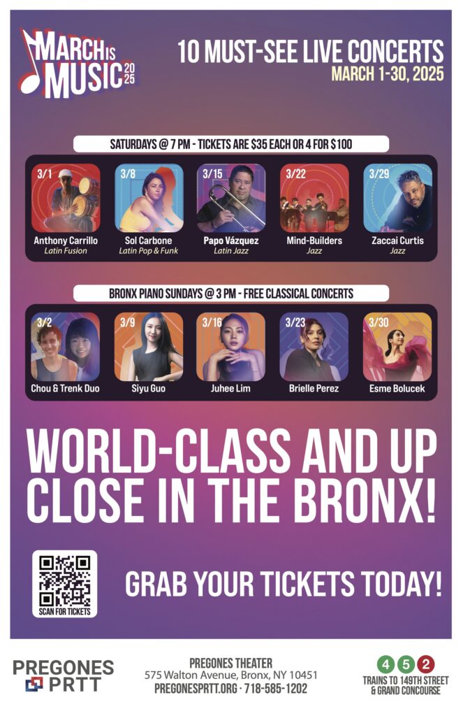 March Is Music 2025 11×17 promotional poster featuring ten Latin, jazz, fusion, and classical concerts at Pregones Theater.