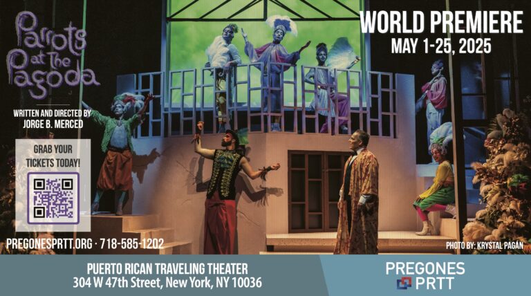 Parrots at The Pagoda horizontal half-page amNewYork advertisement featuring a production photograph, world premiere dates, and ticket information