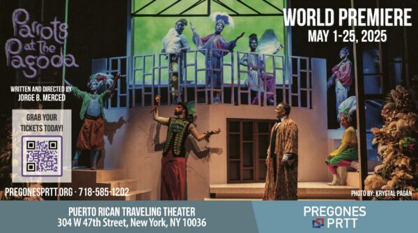 Parrots at The Pagoda horizontal half-page amNewYork advertisement featuring a production photograph, world premiere dates, and ticket information