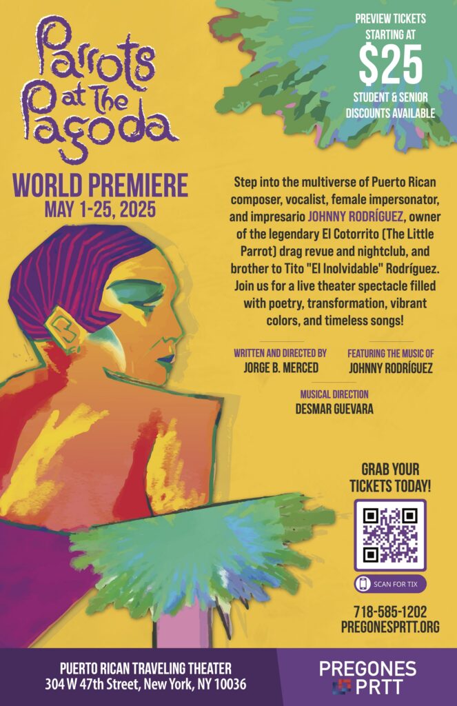 Parrots at The Pagoda 11×17 promotional poster featuring production artwork, world premiere dates, performance details, and ticket information