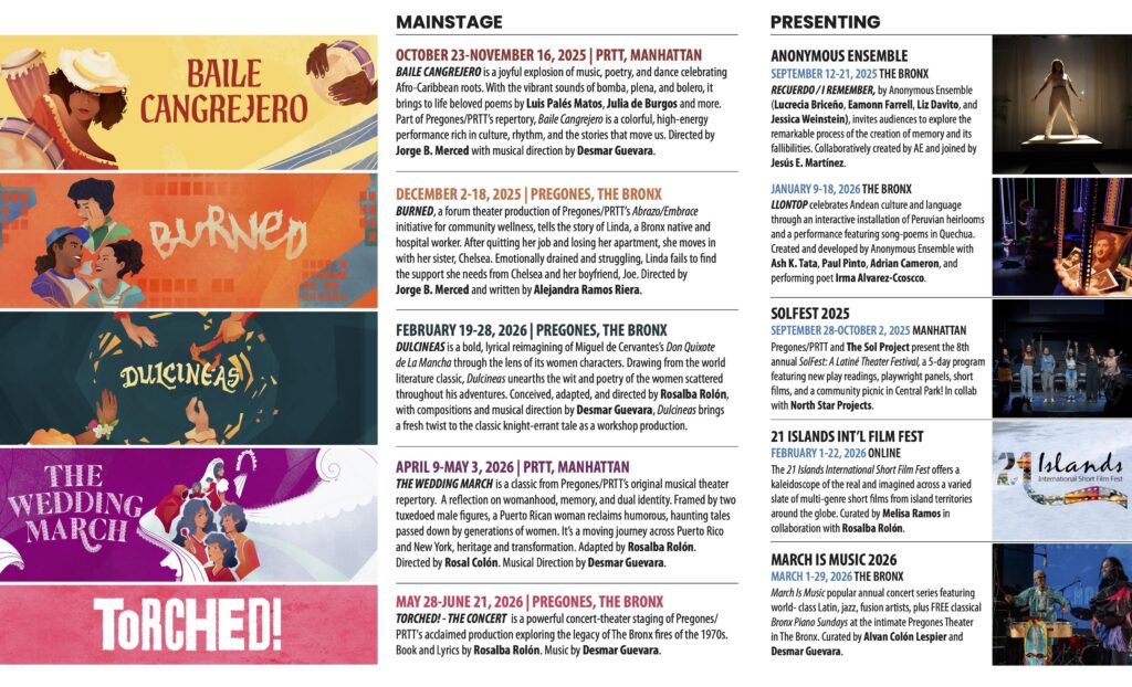 Pregones/PRTT 2025–26 Season Announcement Brochure inside spread showcasing mainstage productions, festivals, concerts, presenting programs, dates, and season artwork.