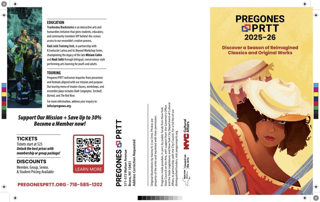 Pregones/PRTT 2025–26 Season Announcement Brochure outside panels with cover artwork, education and touring information, membership details, mailing panel, and print production marks.