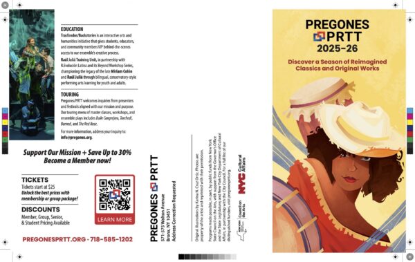 Pregones-PRTT – Season Announcement Brochure – 14.25 x 8.75 – draft v10 with marks-1 Pregones/PRTT 2025–26 Season Announcement Brochure outside panels with cover artwork, education and touring information, membership details, mailing panel, and print production marks.