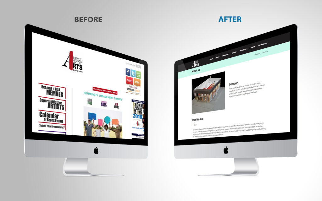 Before-and-after comparison of the Bronx Council on the Arts website by Astound Media.