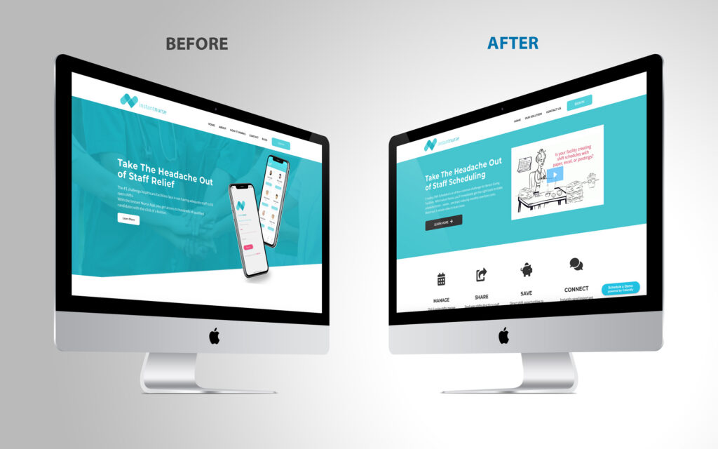 Before-and-after comparison showing an alternate view of the InstantNurse healthcare staffing platform website by Astound Media.