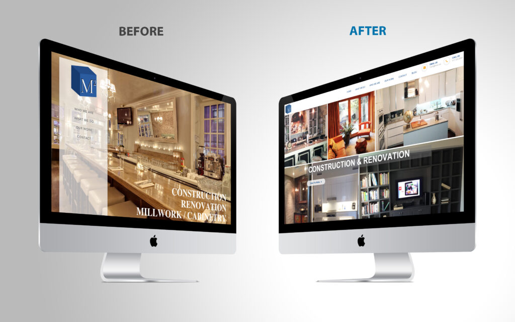 Before-and-after comparison of the M² construction and renovation website by Astound Media.