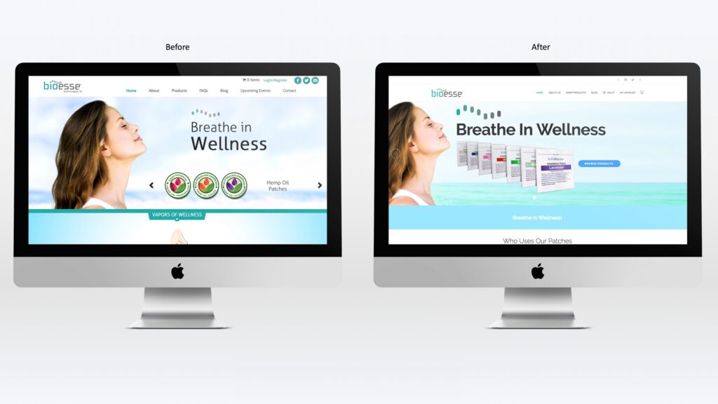 Before-and-after comparison of the Bioesse Technologies website redesign by Astound Media.