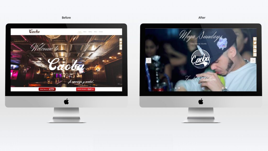 Before-and-after comparison of the Caoba Lounge & Bistro website redesign by Astound Media.