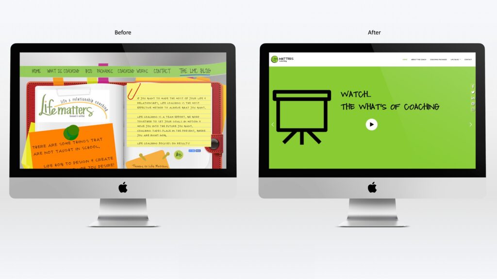 Before-and-after comparison of the Life Matters Coaching website redesign by Astound Media.
