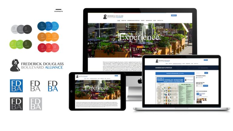 Frederick Douglass Boulevard Alliance brand identity featuring logo variations, color palette, and responsive website designs displayed across desktop, laptop, and tablet screens