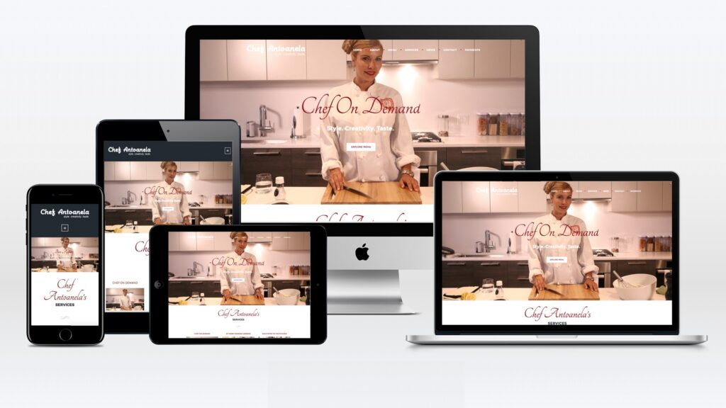 Responsive private chef website design for Chef Antoanela displayed across desktop, laptop, tablet, and mobile devices.