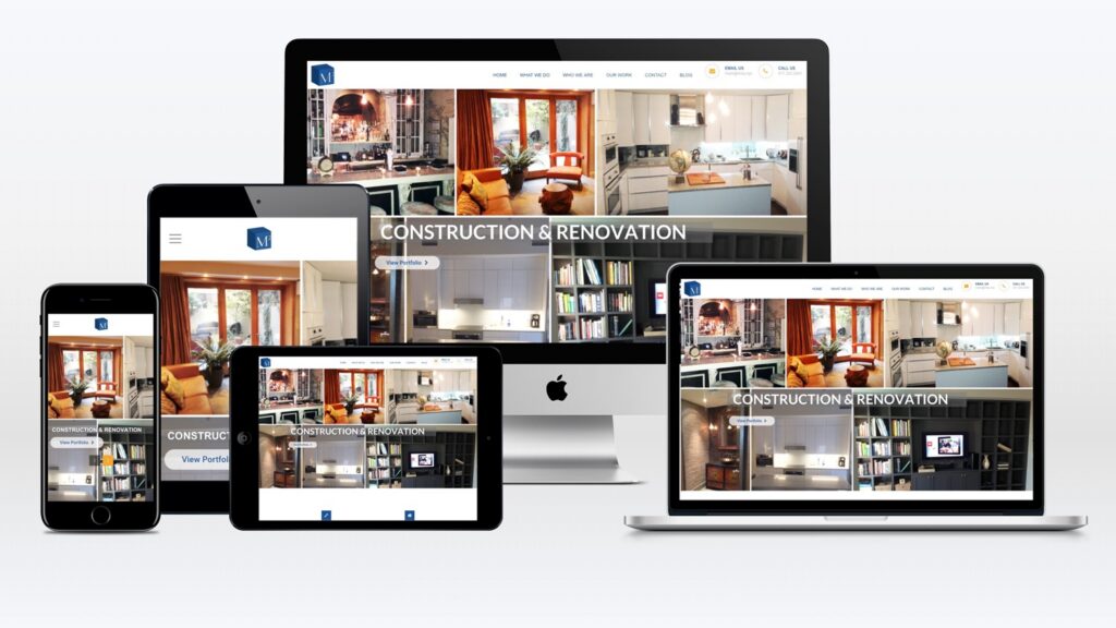 Responsive contracting and remodeling website design for M Squared displayed across desktop, laptop, tablet, and mobile devices.
