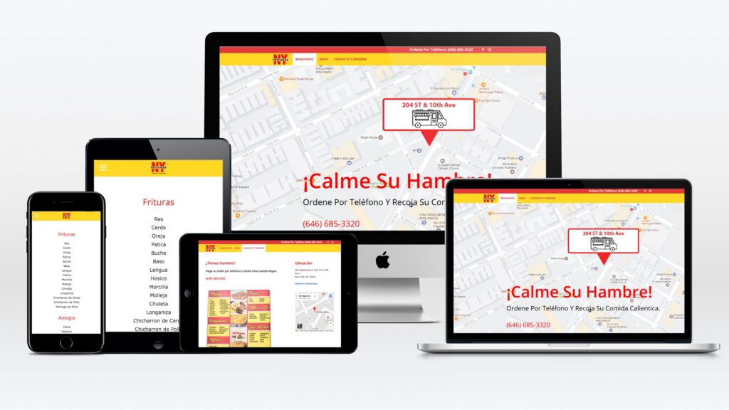 Responsive restaurant and food truck website design for NY Frituras displayed across desktop, laptop, tablet, and mobile devices.