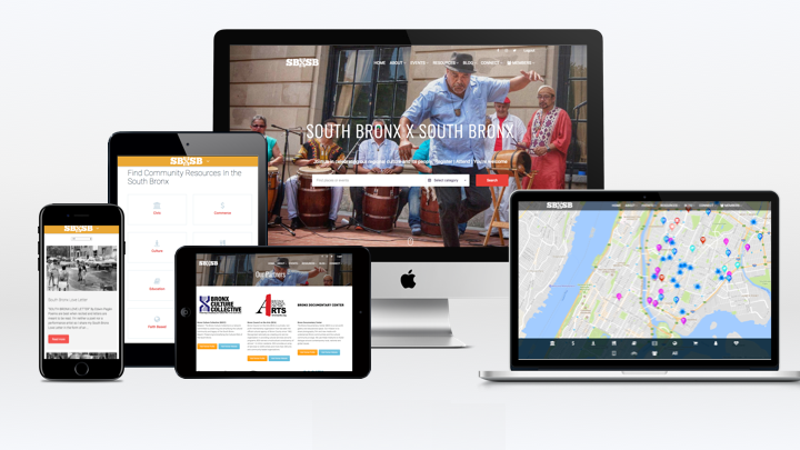 Responsive community platform and interactive directory website for South Bronx x South Bronx displayed across multiple devices.