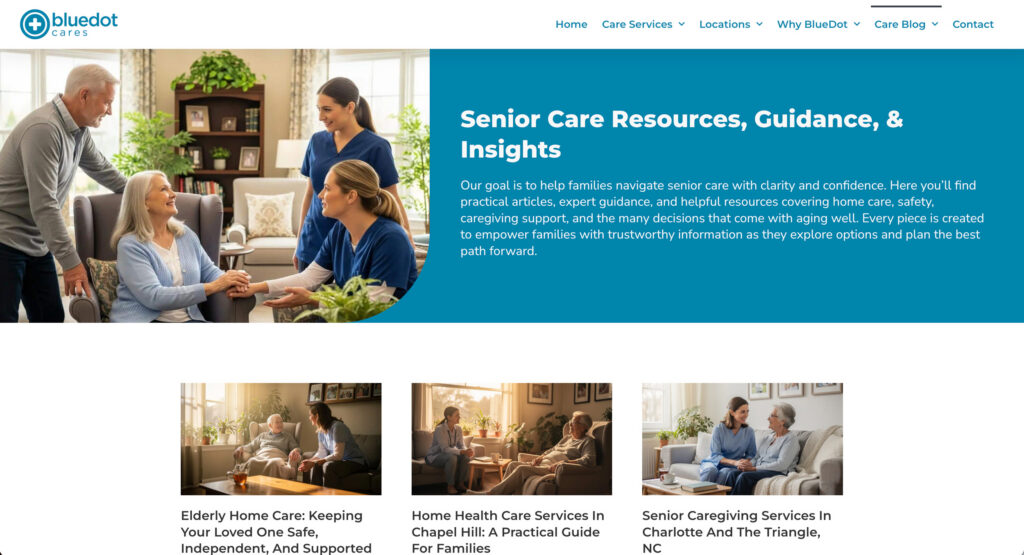 Senior care resources and educational content featured throughout the BlueDot Cares website