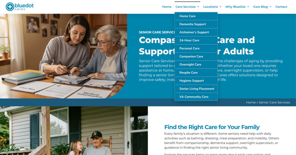Care services navigation built into the BlueDot Cares website for exploring home care, dementia support, respite care, and senior living placement