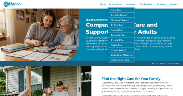 Care services navigation built into the BlueDot Cares website for exploring home care, dementia support, respite care, and senior living placement