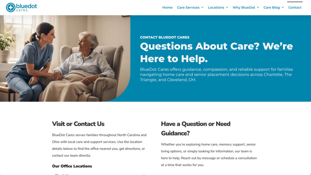 Families can schedule a consultation or send an inquiry through the redesigned contact experience on the BlueDot Cares website