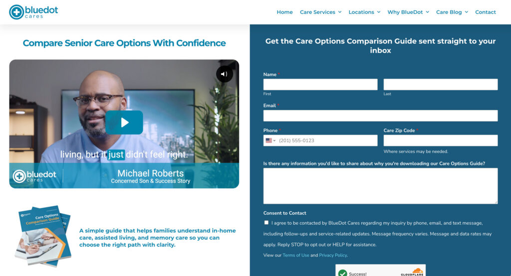 Care Options Comparison Guide landing page developed within the BlueDot Cares website with testimonial video and lead capture form