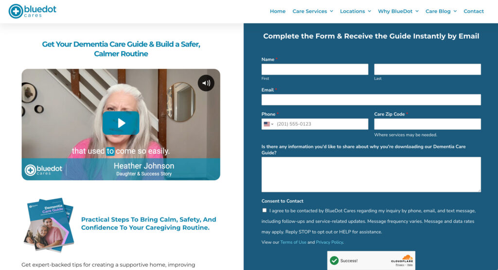 Lead generation experience on the BlueDot Cares website for the Dementia Care Guide with testimonial video and inquiry form