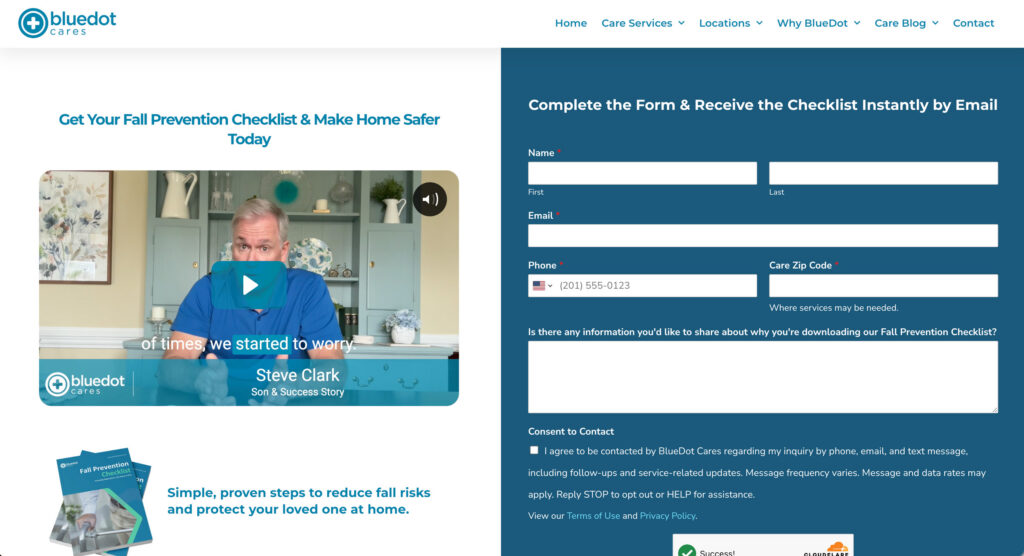 Fall Prevention Checklist campaign on the BlueDot Cares website featuring a testimonial video and conversion-focused lead form