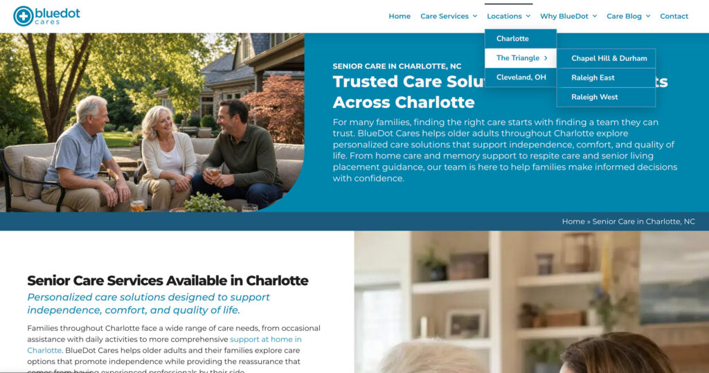 Charlotte senior care market hub demonstrating the scalable location architecture developed for the BlueDot Cares website